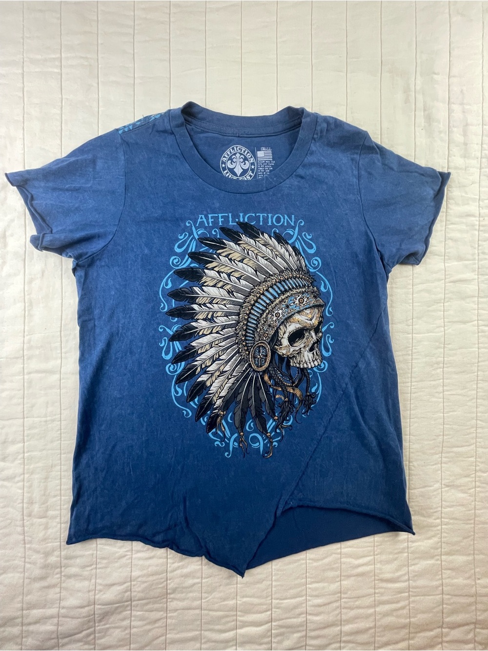Affliction Women's Blue Graphic Tee with Skull Small